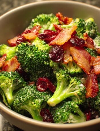 Broccoli Salad with bacon, dried cranberries, and creamy dressing