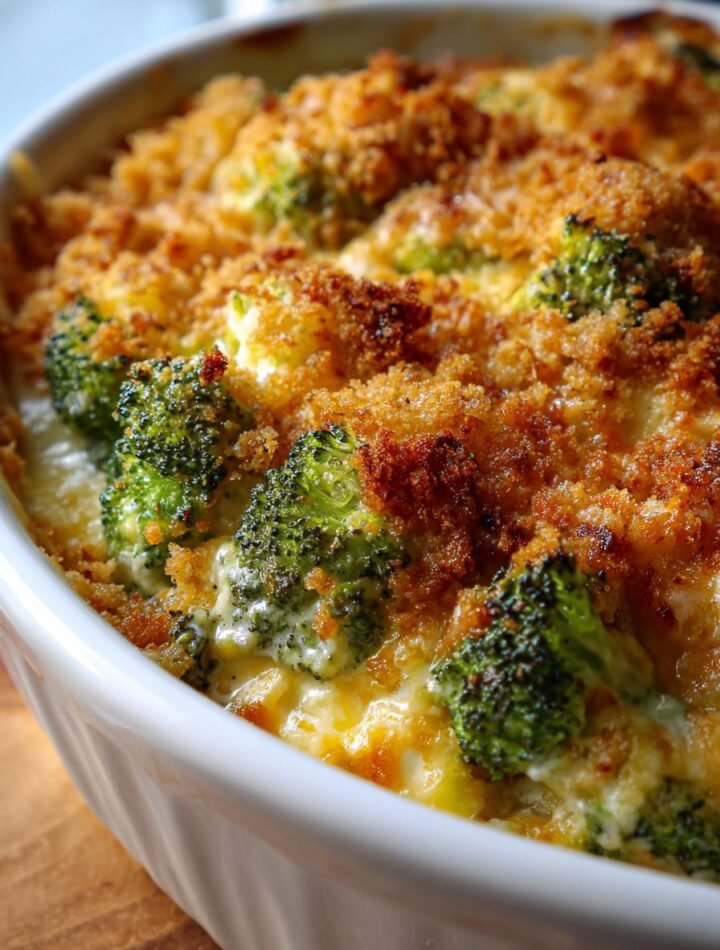 Cheesy Broccoli Casserole with cheddar and a crunchy breadcrumb topping