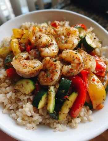 Grilled shrimp with brown rice and vegetables