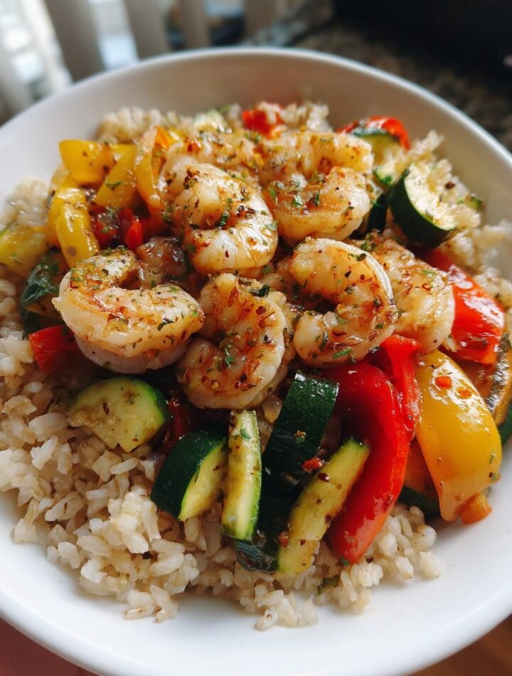 Grilled shrimp with brown rice and vegetables
