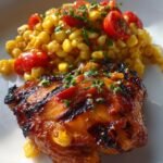 BBQ chicken thighs with corn and tomato salad.