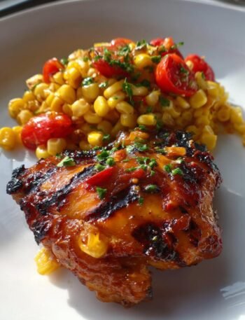 BBQ chicken thighs with corn and tomato salad.