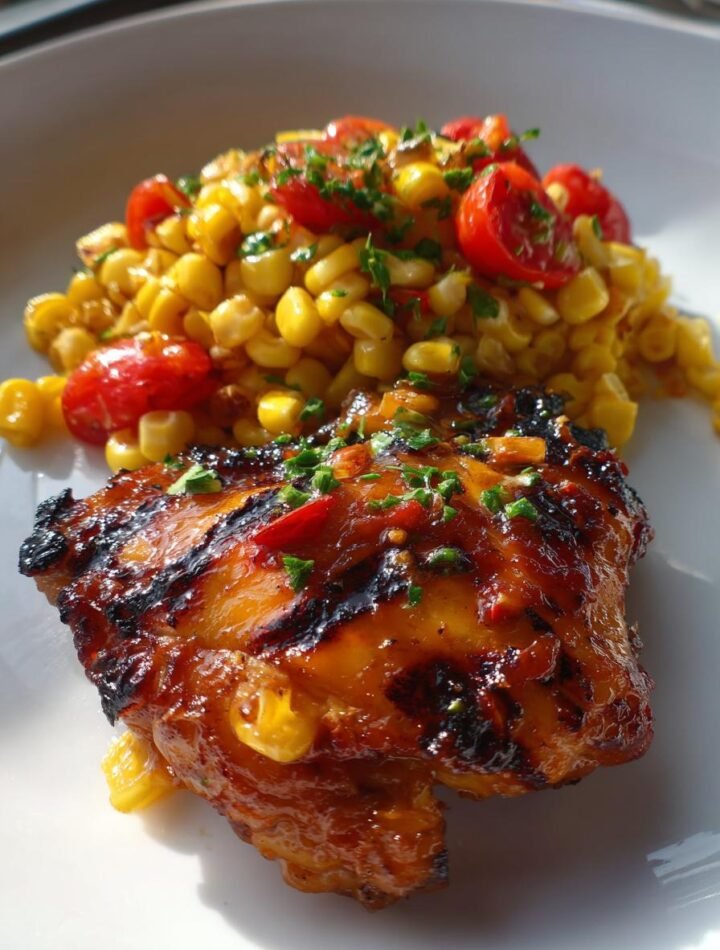 BBQ chicken thighs with corn and tomato salad.