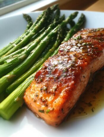 Baked salmon with asparagus and Dijon glaze.
