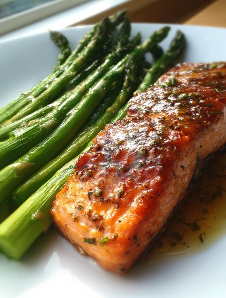 Baked salmon with asparagus and Dijon glaze.