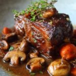 Beef short ribs braised with mushrooms and carrots .