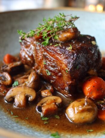Beef short ribs braised with mushrooms and carrots .