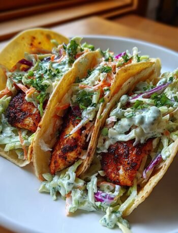 Blackened cod tacos with cabbage slaw and avocado