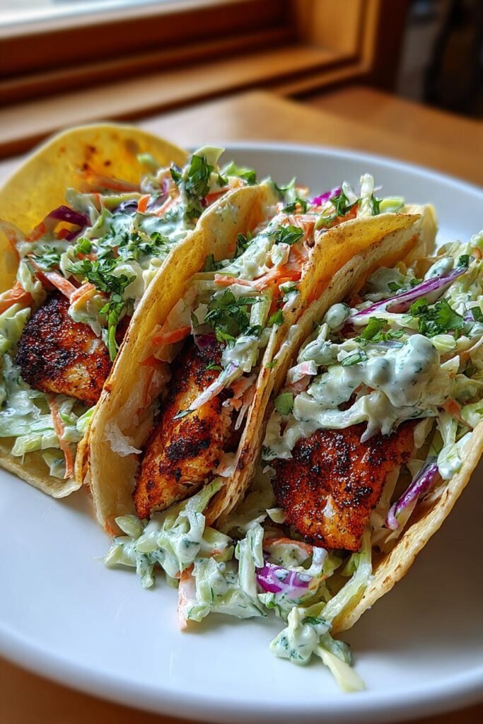 Blackened cod tacos with cabbage slaw and avocado