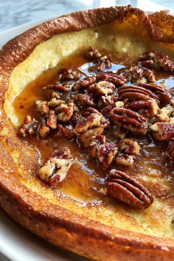 Brown butter pecan Dutch baby pancake with bourbon maple