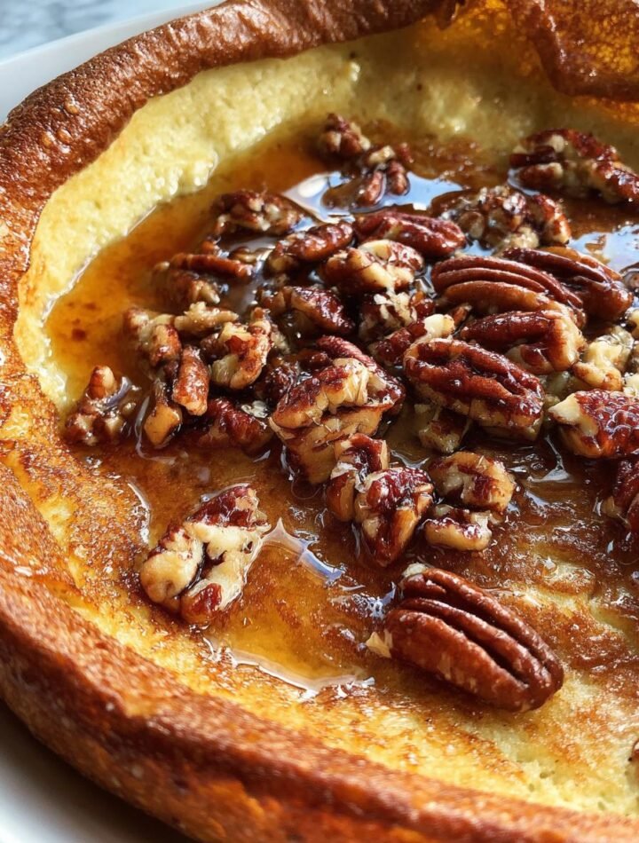 Brown butter pecan Dutch baby pancake with bourbon maple