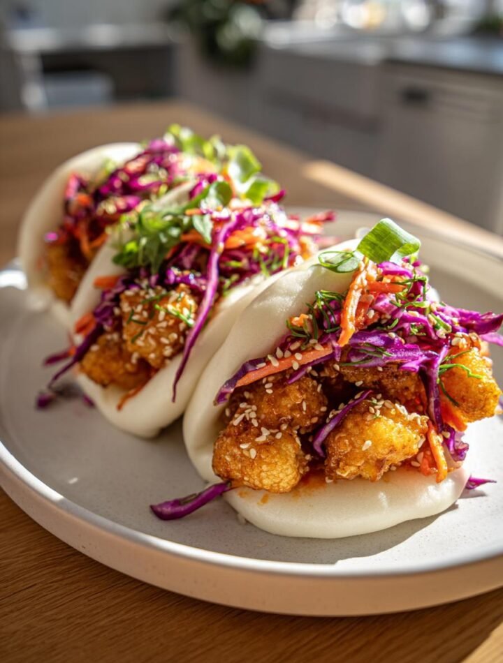 Buffalo cauliflower bao buns with cooling sesame slaw