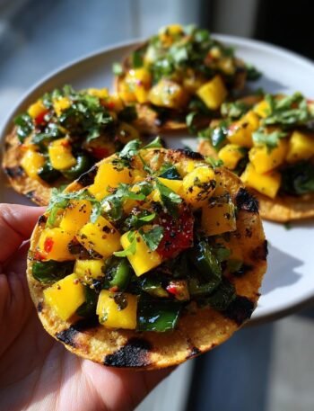 Charred shishito and mango salsa tostadas