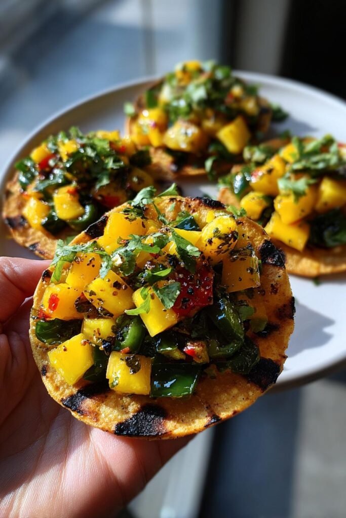 Charred shishito and mango salsa tostadas