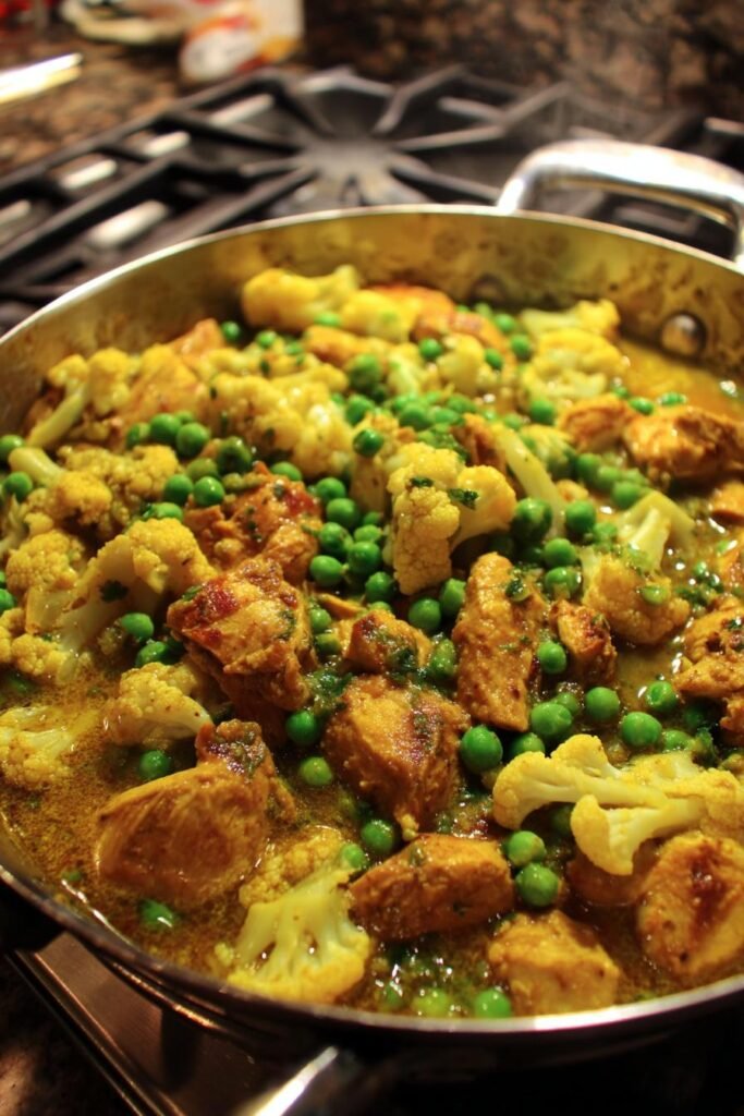 Chicken and vegetable curry with cauliflower and peas.