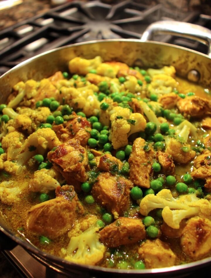 Chicken and vegetable curry with cauliflower and peas.