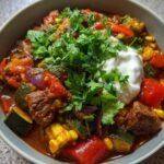 Chili con carne with roasted vegetables.