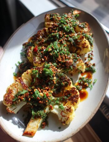Chimichurri roasted cauliflower steaks with toasted seeds