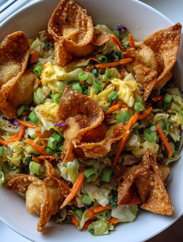 Egg Roll in a Bowl with Crispy Wontons