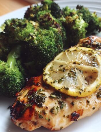 Grilled lemon herb chicken with roasted broccoli.