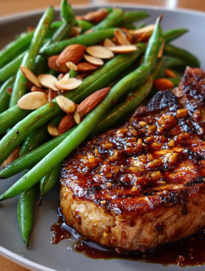 Honey garlic pork chops with green beans almondine.