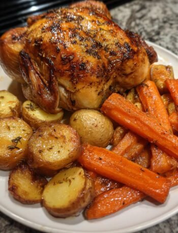 Lemon garlic roast chicken with root vegetables.