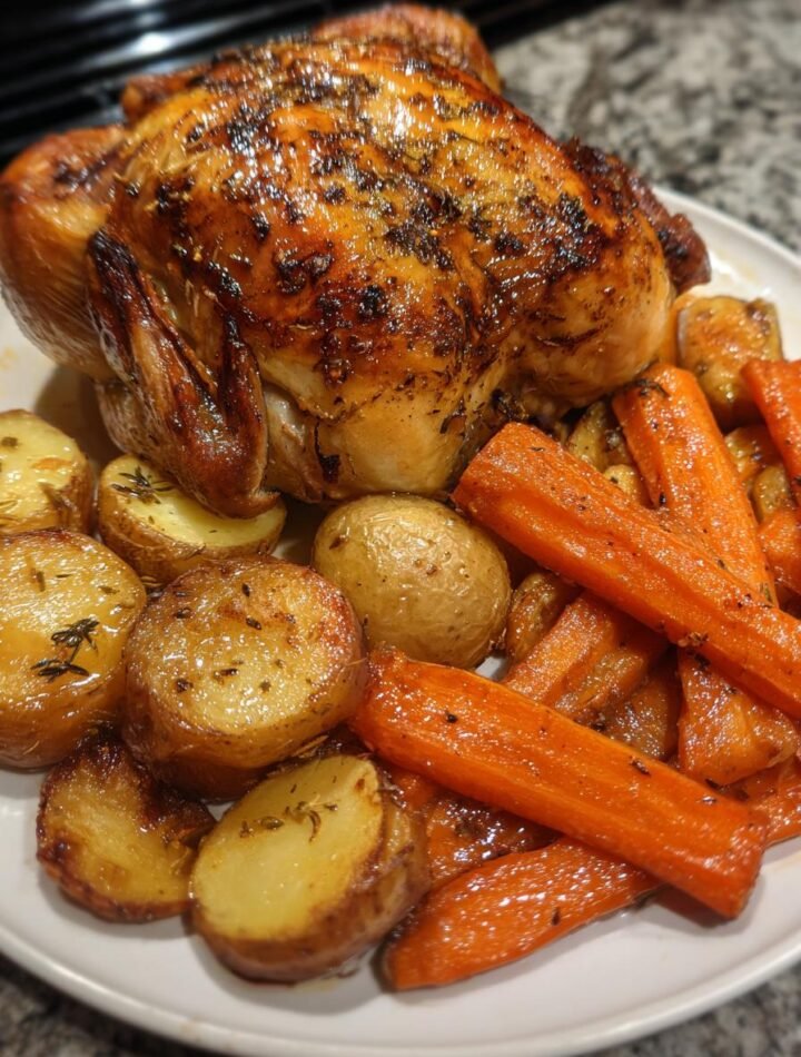 Lemon garlic roast chicken with root vegetables.