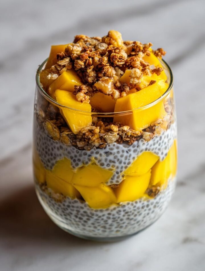 Mango coconut chia pudding parfaits with granola