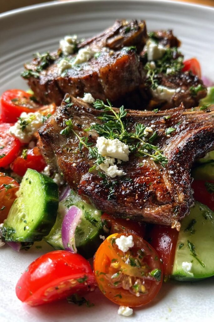 Mediterranean grilled lamb chops with Greek salad.