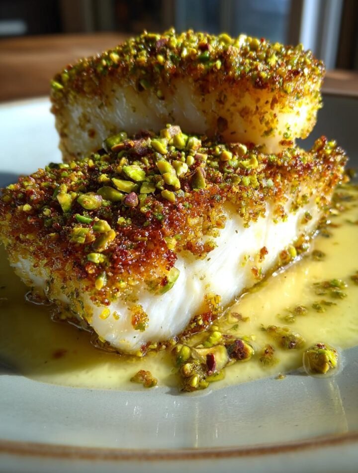 Pistachio-crusted halibut with citrus beurre blanc