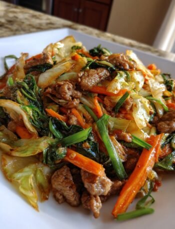 Pork and cabbage stir-fry with carrots and scallions.