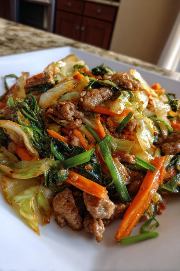 Pork and cabbage stir-fry with carrots and scallions.