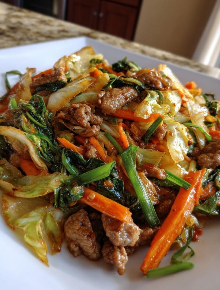 Pork and cabbage stir-fry with carrots and scallions.