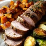 Pork tenderloin with roasted sweet potatoes and Brussels sprouts.