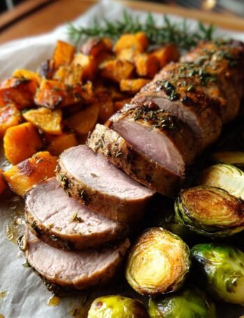 Pork tenderloin with roasted sweet potatoes and Brussels sprouts.