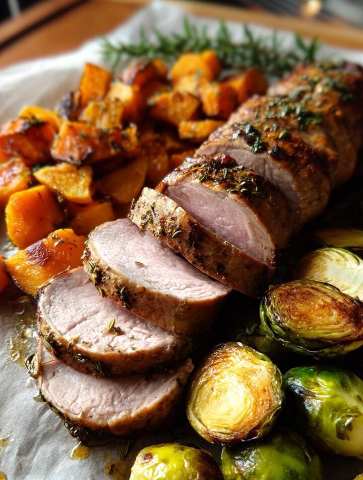 Pork tenderloin with roasted sweet potatoes and Brussels sprouts.