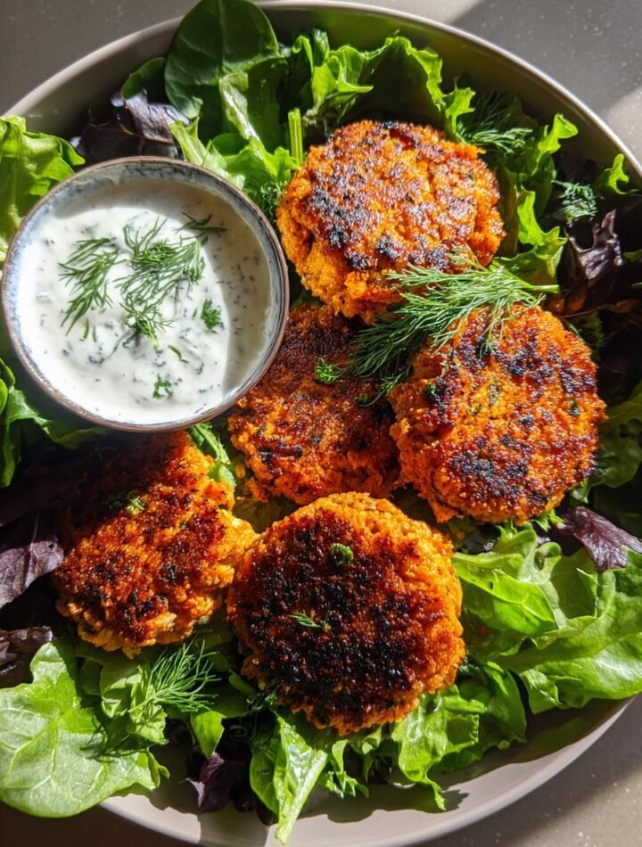 Salmon cakes with mixed greens and lemon-dill yogurt.