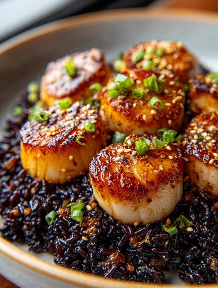Sesame ginger scallops over forbidden rice