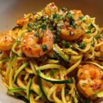 Shrimp and zucchini linguine in garlic-white wine sauce.