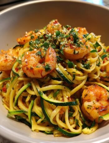Shrimp and zucchini linguine in garlic-white wine sauce.