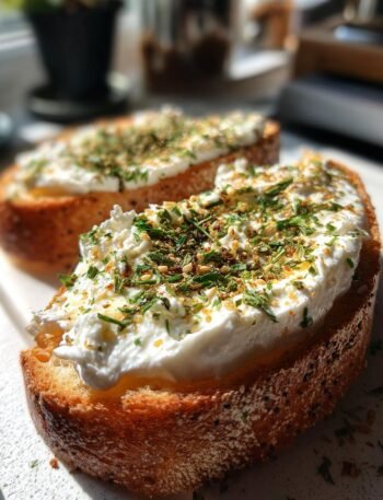 Sourdough everything bagel toast with whipped feta and za’atar