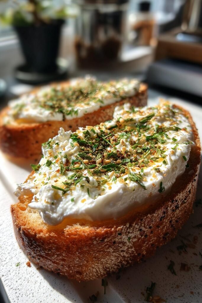 Sourdough everything bagel toast with whipped feta and za’atar