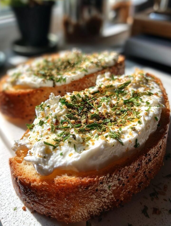 Sourdough everything bagel toast with whipped feta and za’atar