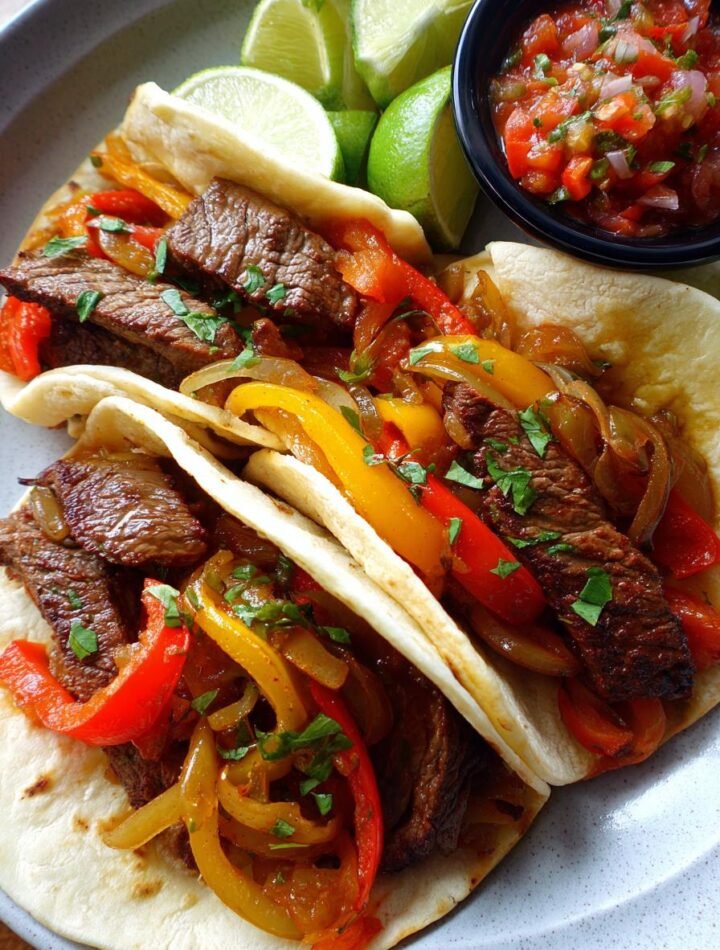 Steak fajitas with sautéed onions and peppers.