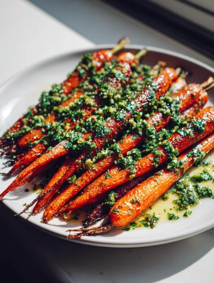 Tahini maple roasted carrots with pistachio gremolata