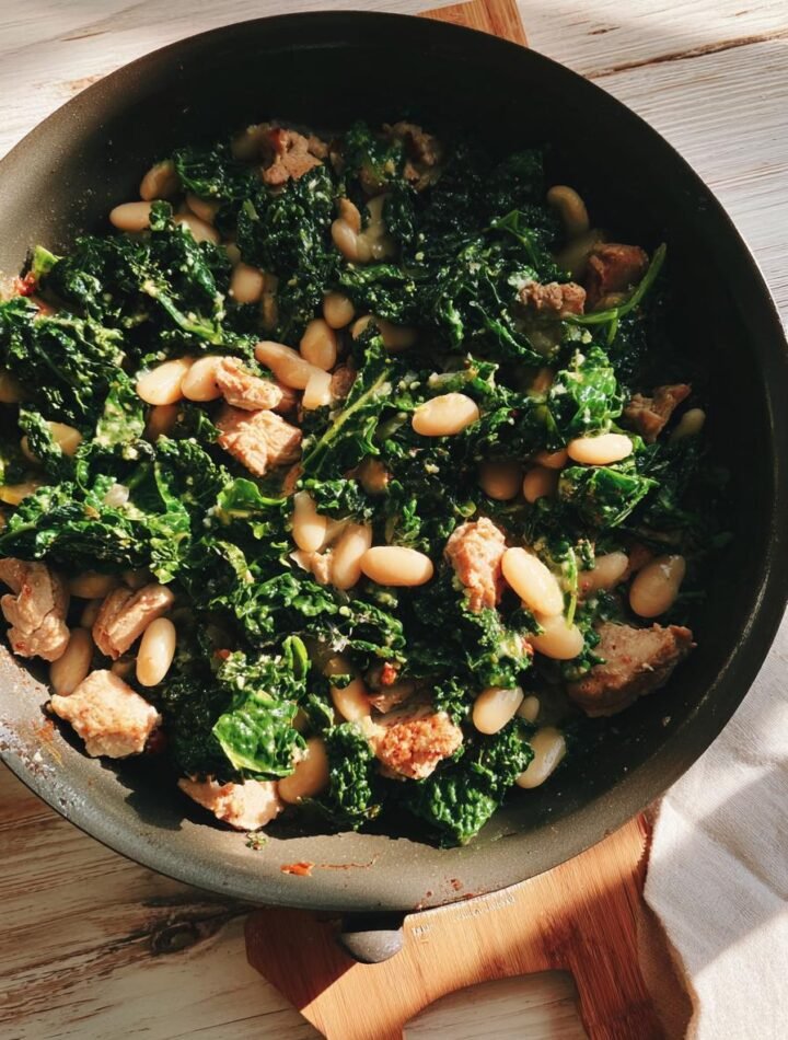 Turkey and kale skillet with cannellini beans.