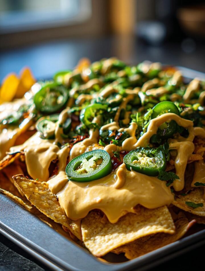 Vegan cheesy nacho bake with cashew queso and pickled jalapeños